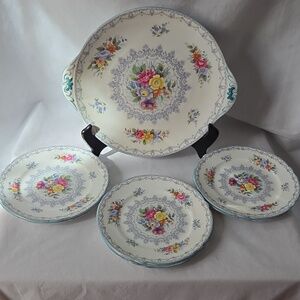 Shelley Fine Bone China Crochet Floral Pattern Serving Plate/Saucers Set